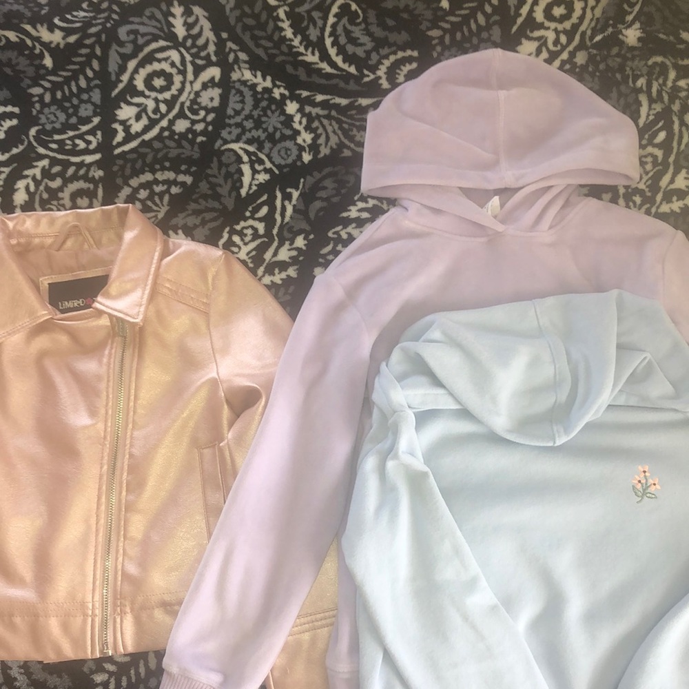 Lot of 3, Girls Size 7/8 Faux Leather Pink Jacket and 2 Hoodies